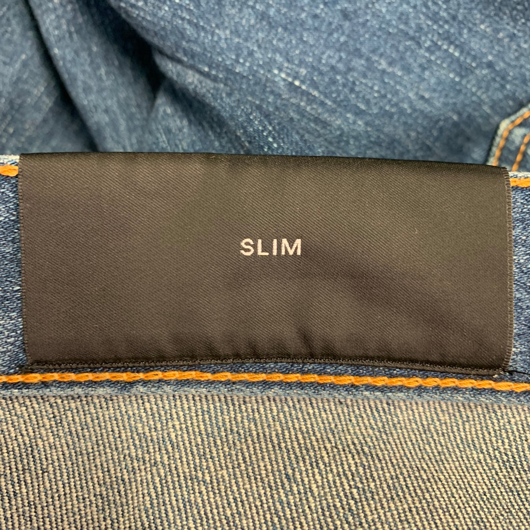 BALMAIN Size 32 Blue Contrast Stitch Cotton Blend Skinny Button Fly Jeans