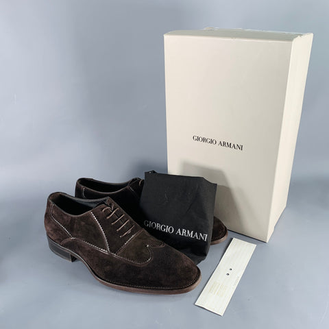 GIORGIO ARMANI Size 8 Brown Textured Suede Wingtip Lace-Up Shoes