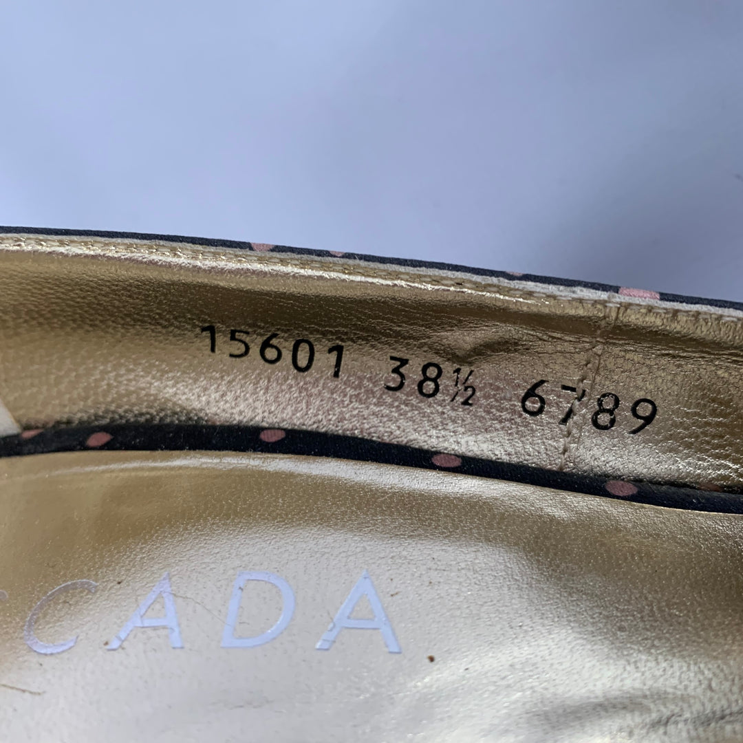 ESCADA Size 8.5 Navy Pink Silk Polka Dot Leather Trim Open Toe Pumps