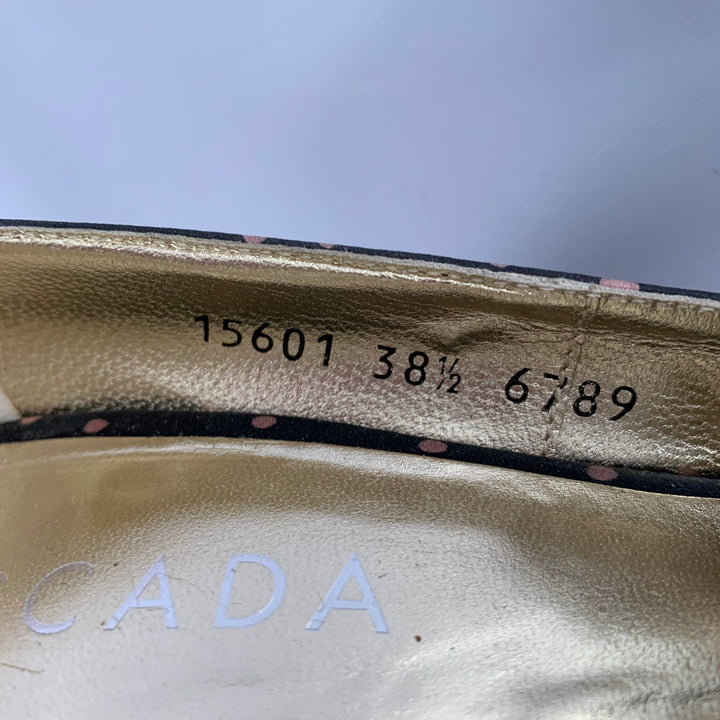 ESCADA Size 8.5 Navy Pink Silk Polka Dot Leather Trim Open Toe Pumps