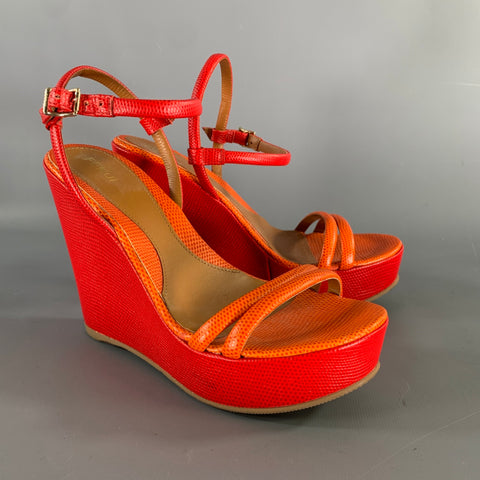 FENDI Size 7 Red Orange Leather Color Block Embossed Wedge