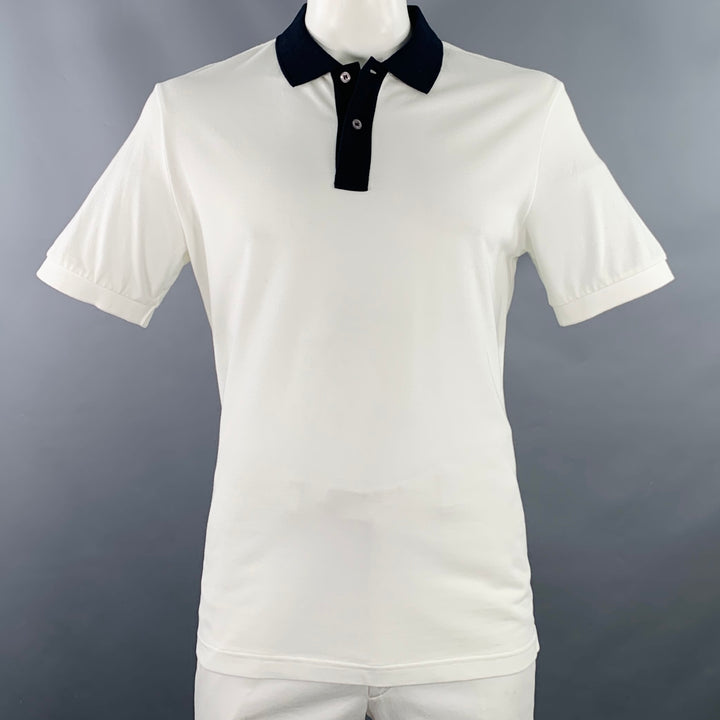 PRADA Size XXL White Navy Contrast Trim Cotton Pique Half Placket Polo