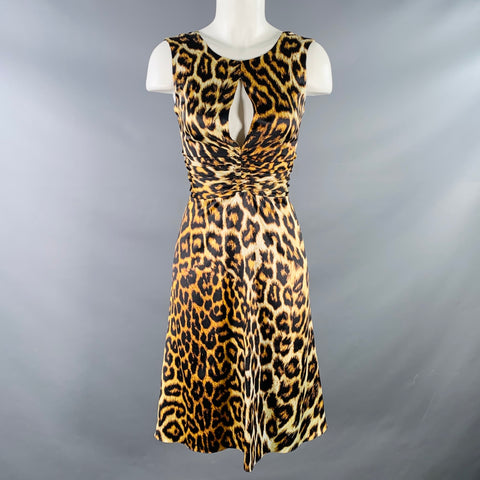 JUST CAVALLI Size 2 Brown Black Polyester Blend Animal Print Ruched Sl