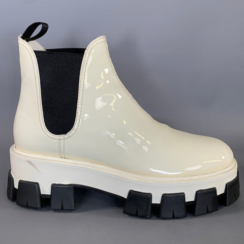 PRADA Size 11 White Leather Patent Leather Pull On Boots