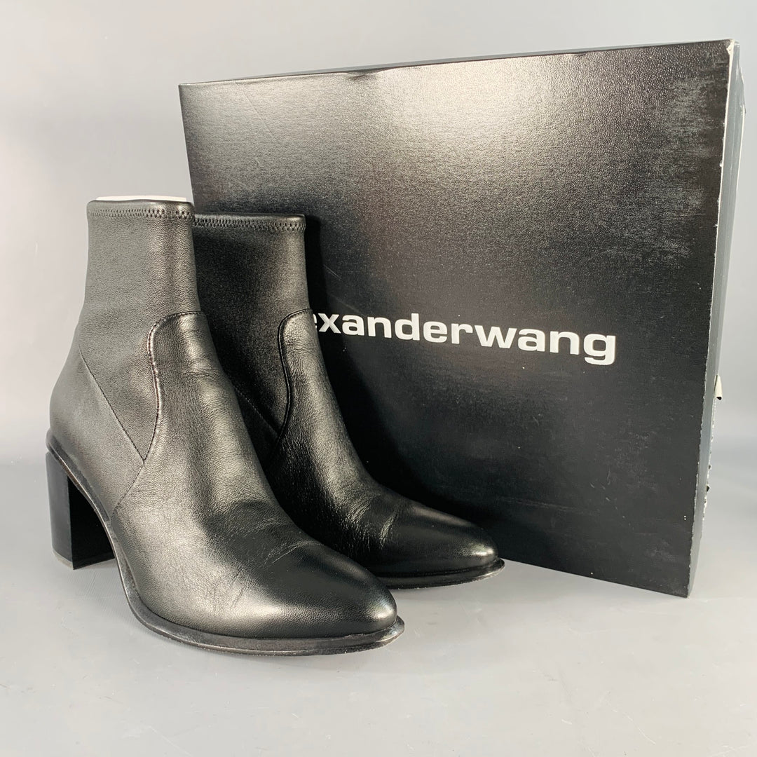 ALEXANDER WANG Size 11 Anna Black Lambskin Leather Stretch Cut Out Chunky Heel Boots