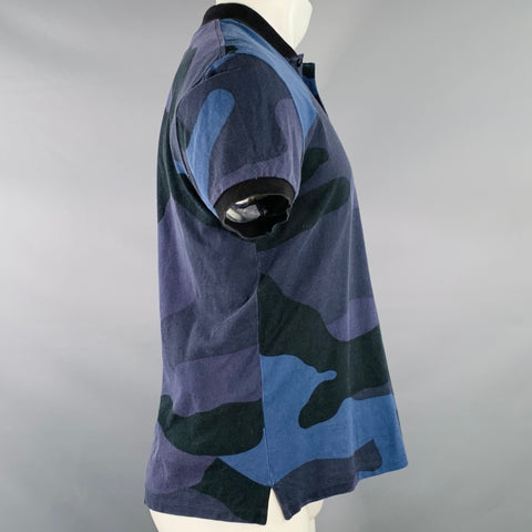 VALENTINO Size M Black Blue Camouflage Cotton Buttoned Polo