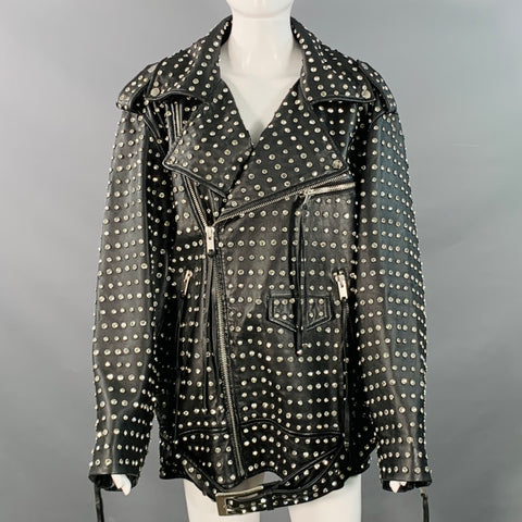 RETROFETE Taille M Blouson de motard en cuir d'agneau clouté de cristaux noir