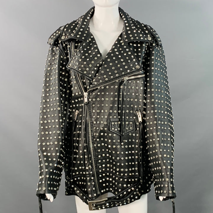 RETROFETE Size M Black Crystal Studded Lambskin Leather Biker Jacket