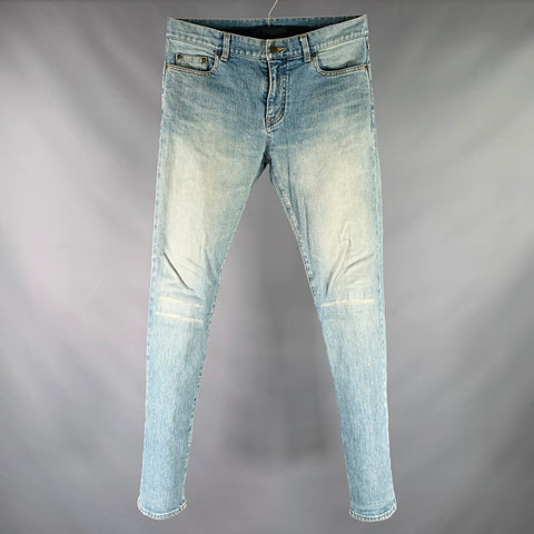 SAINT LAURENT 2016 Size 31 Blue Distressed Cotton Blend Narrow Leg Jeans