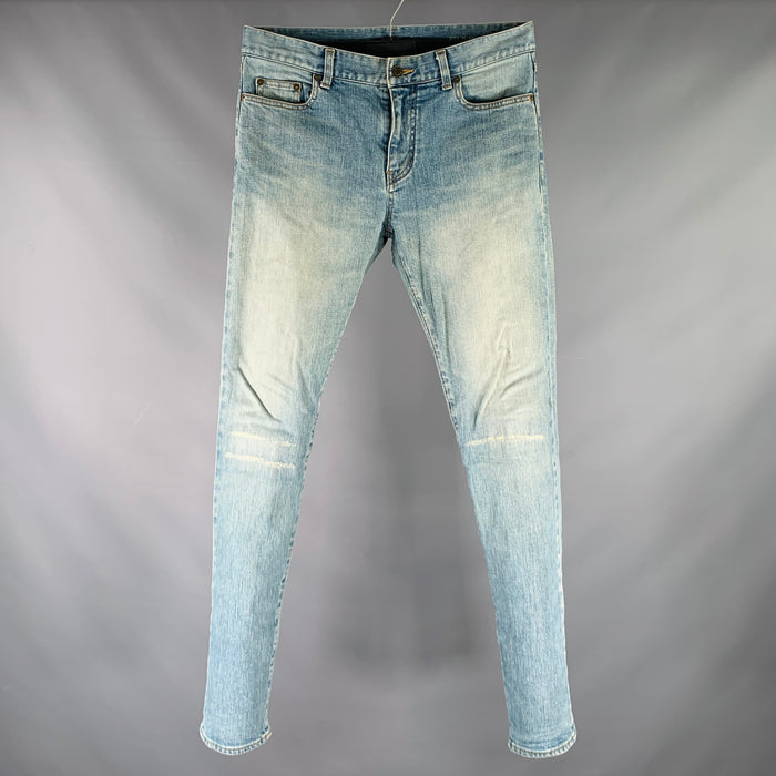 SAINT LAURENT 2016 Size 31 Blue Distressed Cotton Blend Narrow Leg Jeans