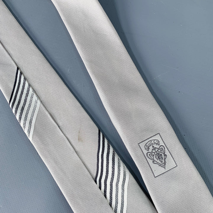 GUCCI Grey Silver Horsebit Stripe Silk Skinny Tie