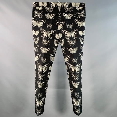 ALEXANDER MCQUEEN Size 38 Black Grey Butterfly Wool Cotton Blend Jacquard Dress Pants