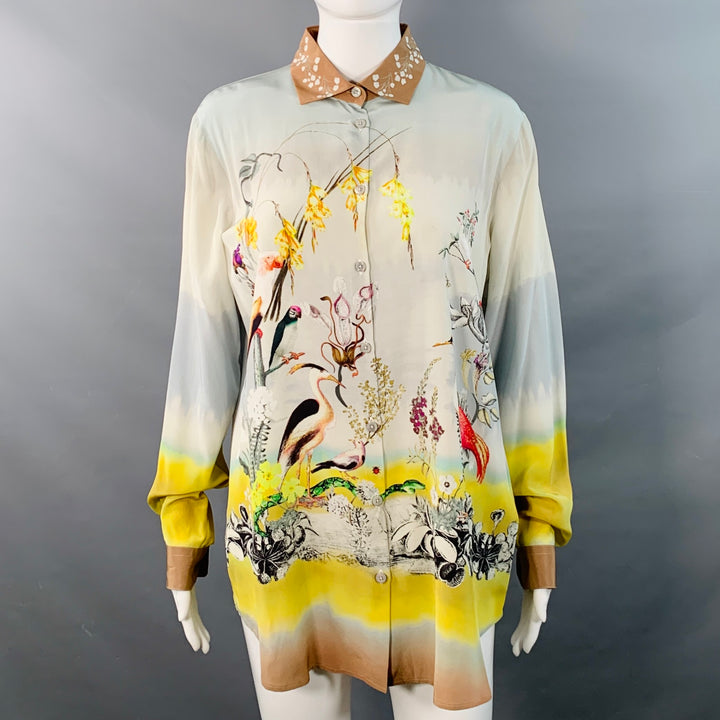 ETRO Size 8 Blue Multi Color Silk Birds Print Contrast Trim Blouse