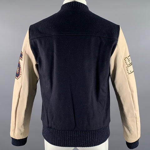 GUCCI Size 40 Navy Beige Studded Wool Zip Up Bomber Jacket