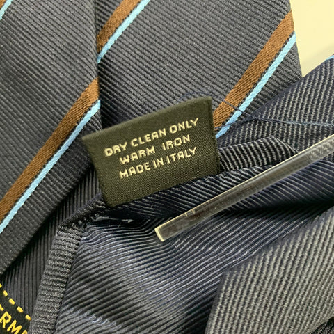ERMENEGILDO ZEGNA Navy Light Blue Brown Diagonal Stripe Silk Tie
