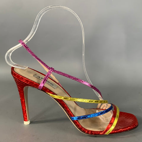 ATTICO Size 7 Red Multi Color Leather Snake Embossed Strappy Sandals