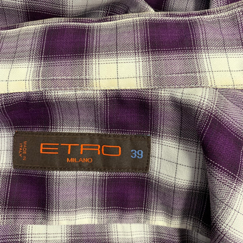 ETRO Size 39 Purple White Plaid Cotton Spread Collar Long Sleeve Shirt