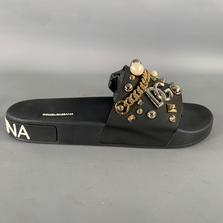 DOLCE & GABBANA Size 9 Black Metallic Studded Slide Sandals