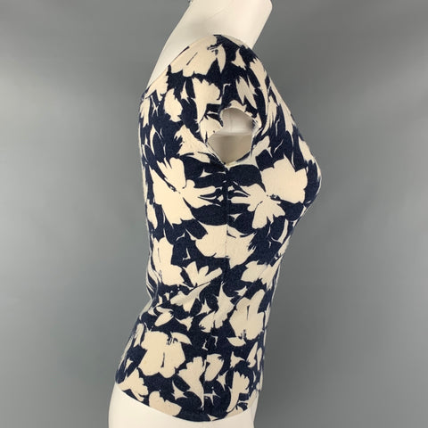 HEIDI WEISEL Talla M Crema Azul marino Cachemira Floral abstracto Mangas casquillo Top informal