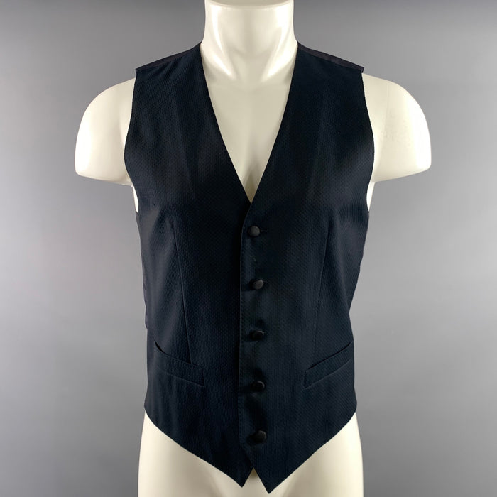 DOLCE & GABBANA Chest Size 46 Navy Black Geometric Wool Pleated Vest Formal
