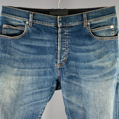 BALMAIN Size 32 Blue Contrast Stitch Cotton Blend Skinny Button Fly Jeans