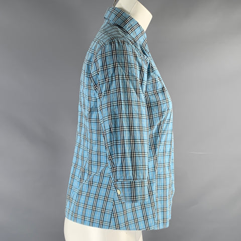 BURBERRY Size S Blue Black White Cotton Plaid Hidden Buttons Blouse