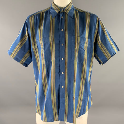 GIORGIO ARMANI Size M Blue Olive Stripe Cotton Short Sleeve Shirt