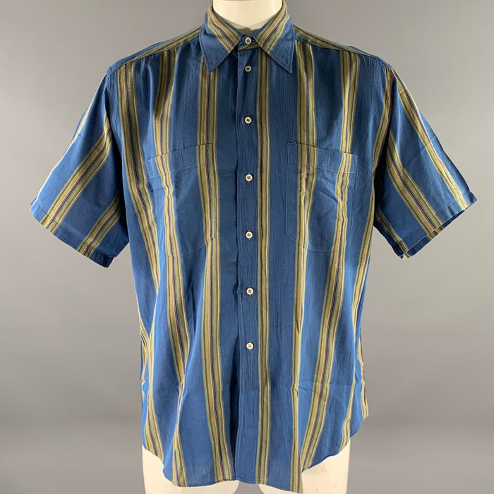 GIORGIO ARMANI Size M Blue Olive Stripe Cotton Short Sleeve Shirt