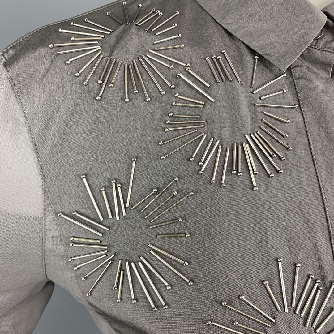 AKRIS Size 8 Grey Sheer Cotton Beaded Bib Blouse