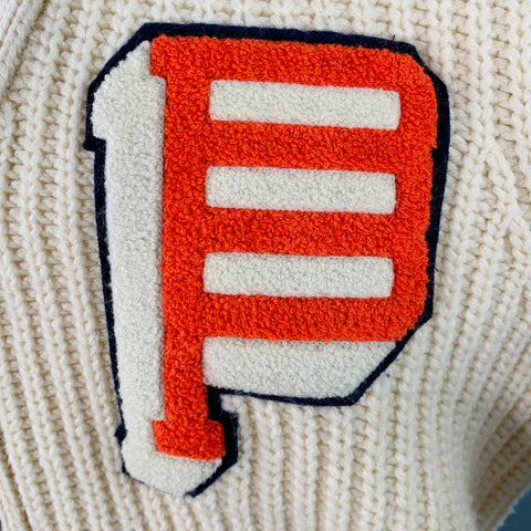 BEAMS Size M Cream Orange Logo Applique Wool Blend Chunky Knit Cardigan