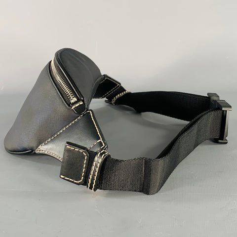 BURBERRY Black Navy Blackwatch Leather Trim Saffiano Canvas Belt Bag