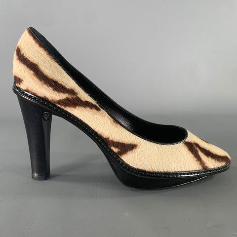 CELINE Size 7 Cream Brown Animal Print Calf hair Pointed Toe Pumps