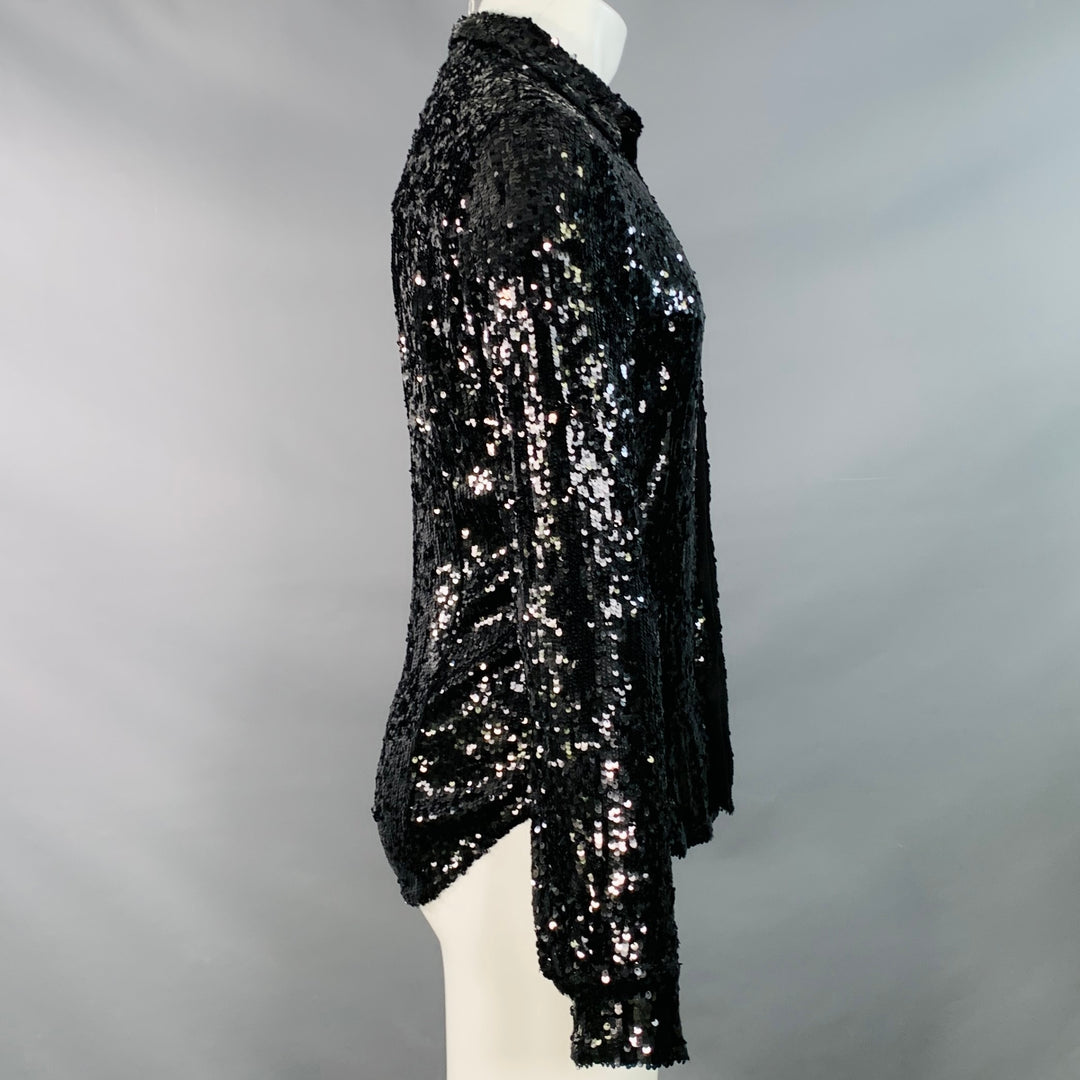 DRIES VAN NOTEN Size S Black Sequined Viscose Curved Cutaway Long Sleeve Shirt