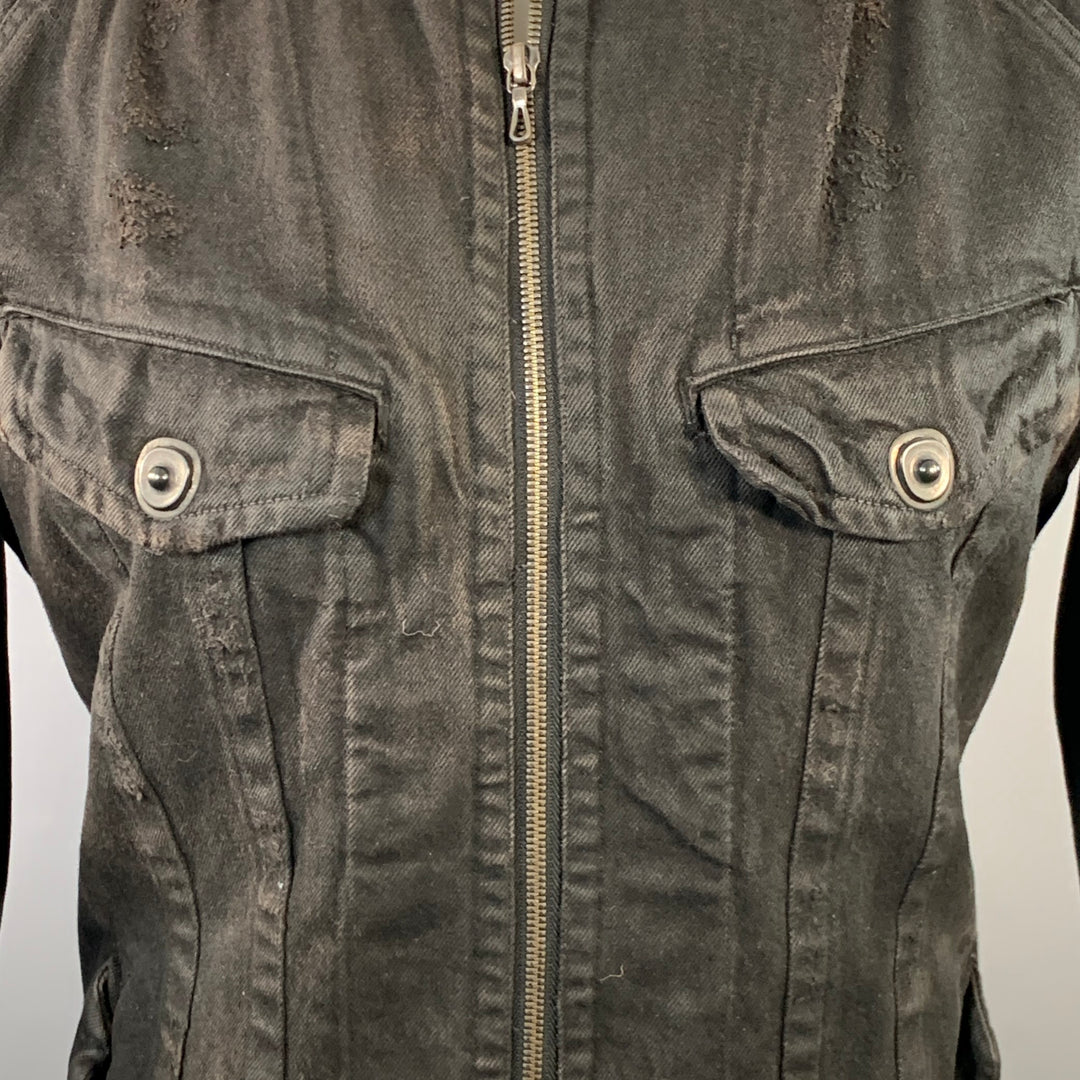 JULIUS_7 Size S Black Distressed Cotton Fitted Zip Up Jacket