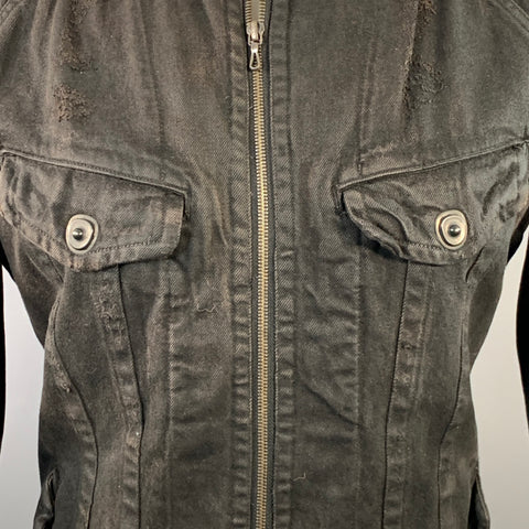 JULIUS_7 Size S Black Distressed Cotton Fitted Zip Up Jacket