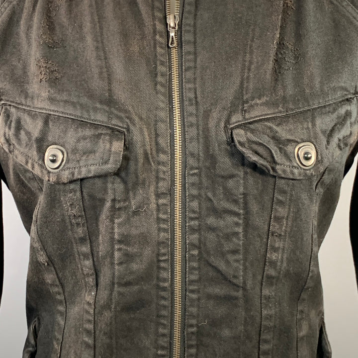 JULIUS_7 Size S Black Distressed Cotton Fitted Zip Up Jacket