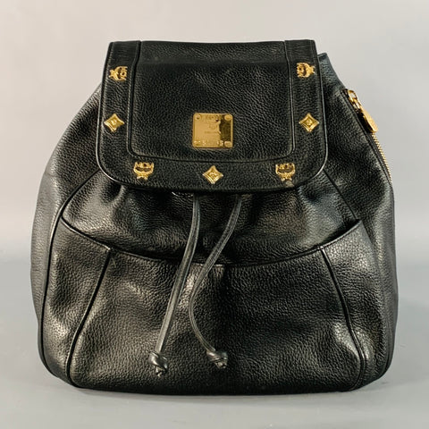 MCM Vintage Small Black Gold Leather Drawstring Backpack