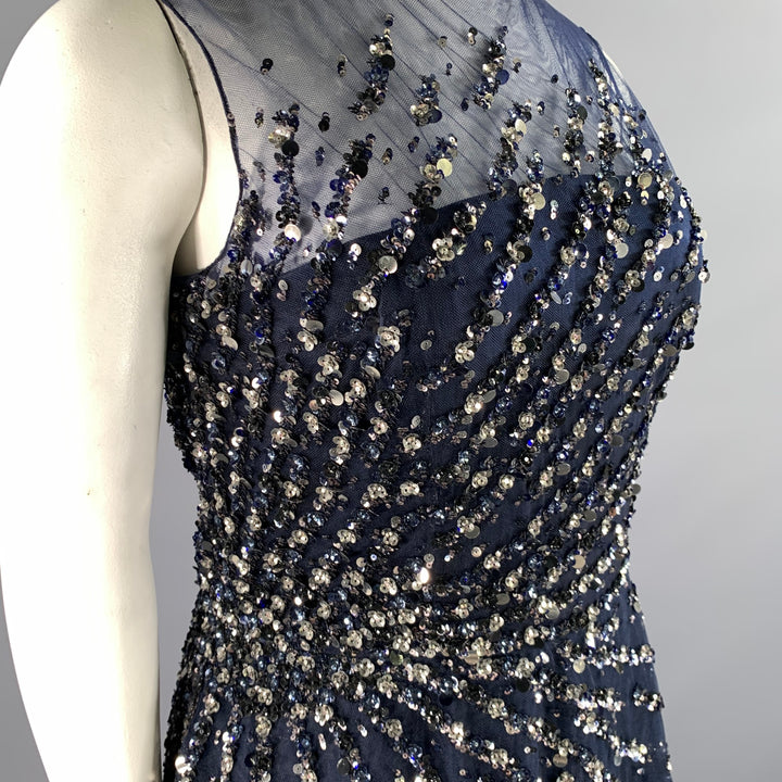 CAROLINA HERRERA Size 14 Navy Silver Nylon A-Line Long Gown