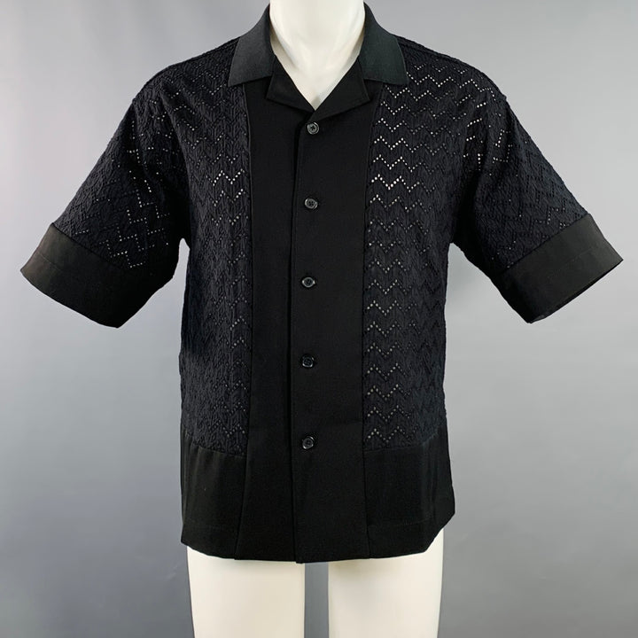 FIVE CM Size S Black Lace Cotton Blend Camp Short Sleeve Shirt