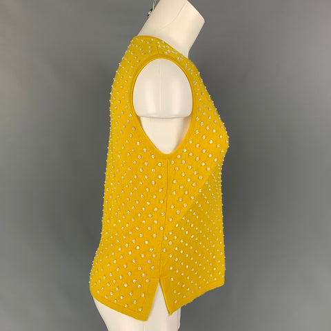 OSCAR DE LA RENTA Taille M Pull sans manches en cachemire jaune perlé