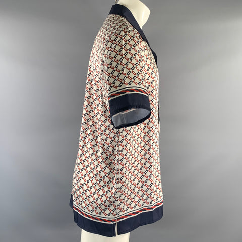 GUCCI Size 38 White Navy & Red Monogram Silk Camp Short Sleeve Shirt