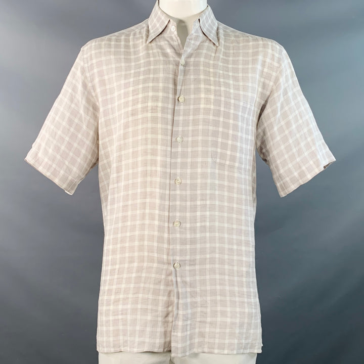 ERMENEGILDO ZEGNA Size L Grey White Plaid Linen One Pocket Short Sleeve Shirt