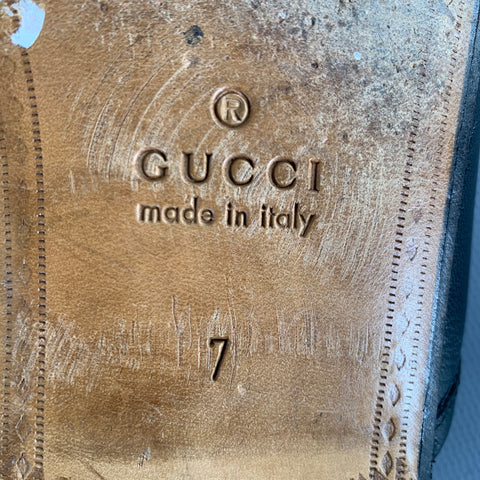 GUCCI Size 7.5 Black Gold Leather Horsebit Slip On Loafers