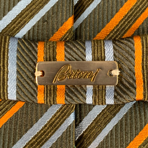 BRIONI Green Blue Orange Diagonal Stripe Silk Cotton Tie