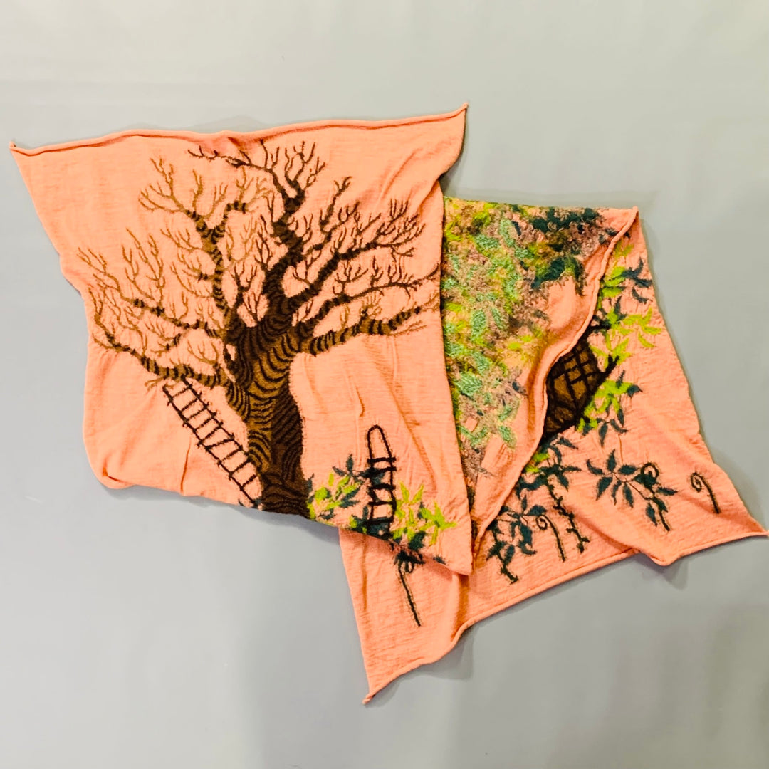 KAPITAL Orange Green Brown Leafy Tree Wool Scarf