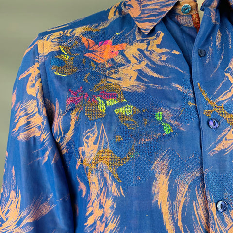 ROBERT GRAHAM Size L Blue Orange Hawaiian Print Cotton Long Sleeve Shirt