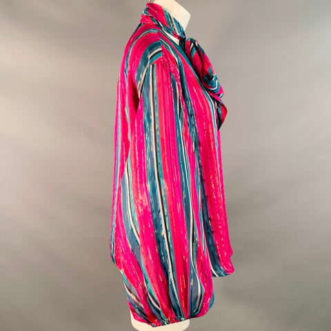 TRINA TURK Size S Pink Green Silk Metallic Stripe Bishop Bow Blouse