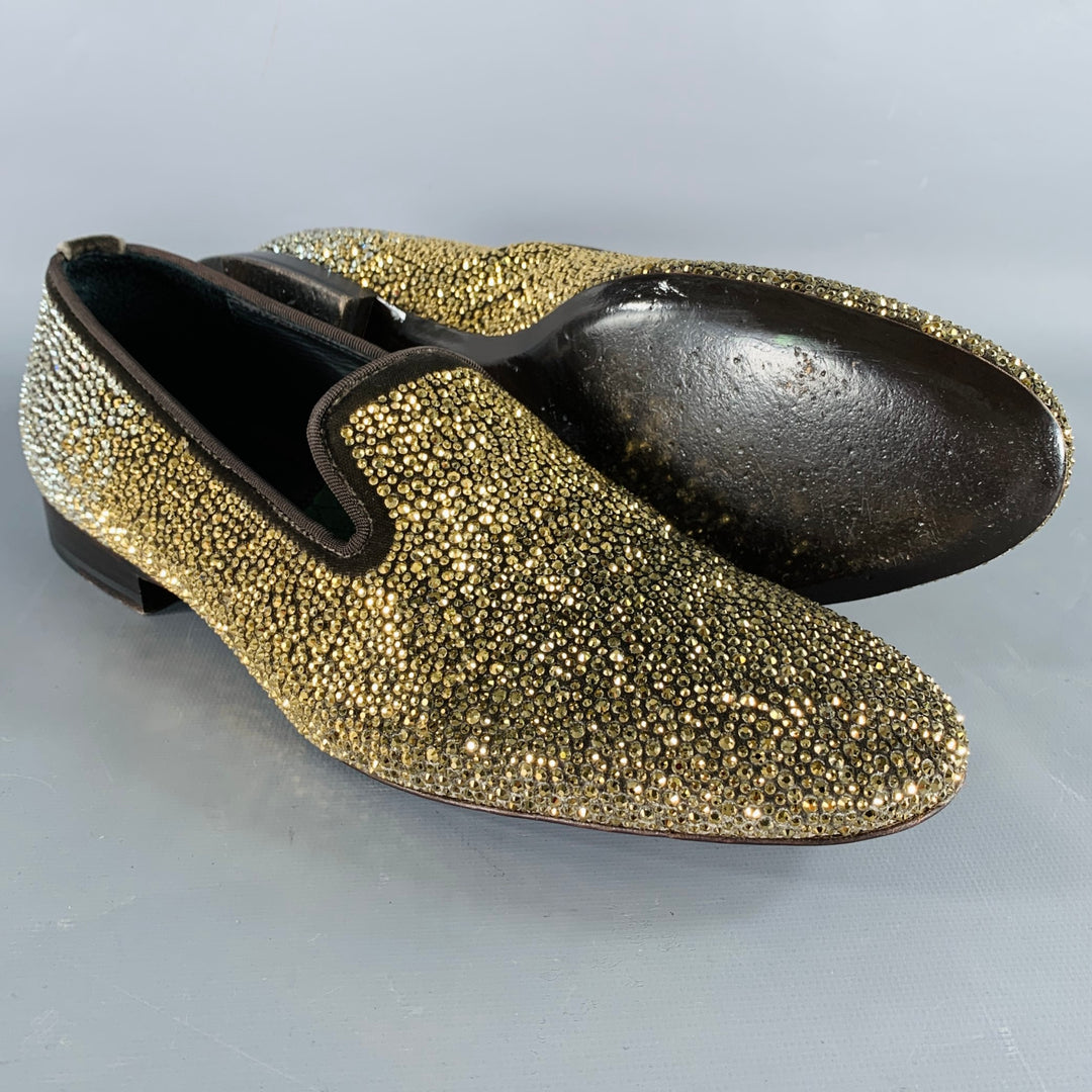 LOUIS LEEMAN Size Gold Silver Rhinestone Velvet Slip On Loafers