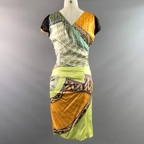 ETRO SS2014 Size 6 Yellow Multi Color Silk Blend Paisley V Neck Midi Dress