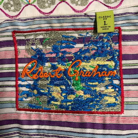 ROBERT GRAHAM Size L White Multi Color Print Cotton Button Up Long Sleeve Shirt